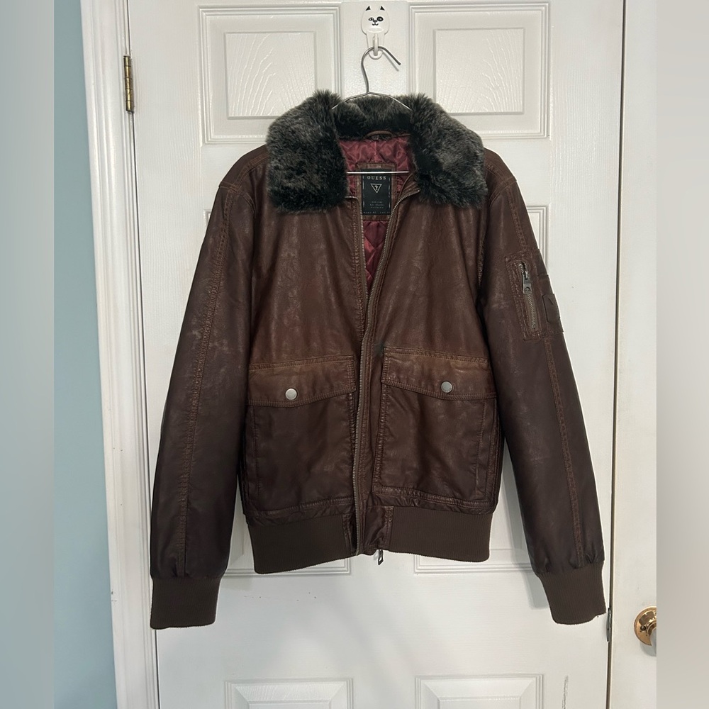 Unisex Brown leather jacket guess